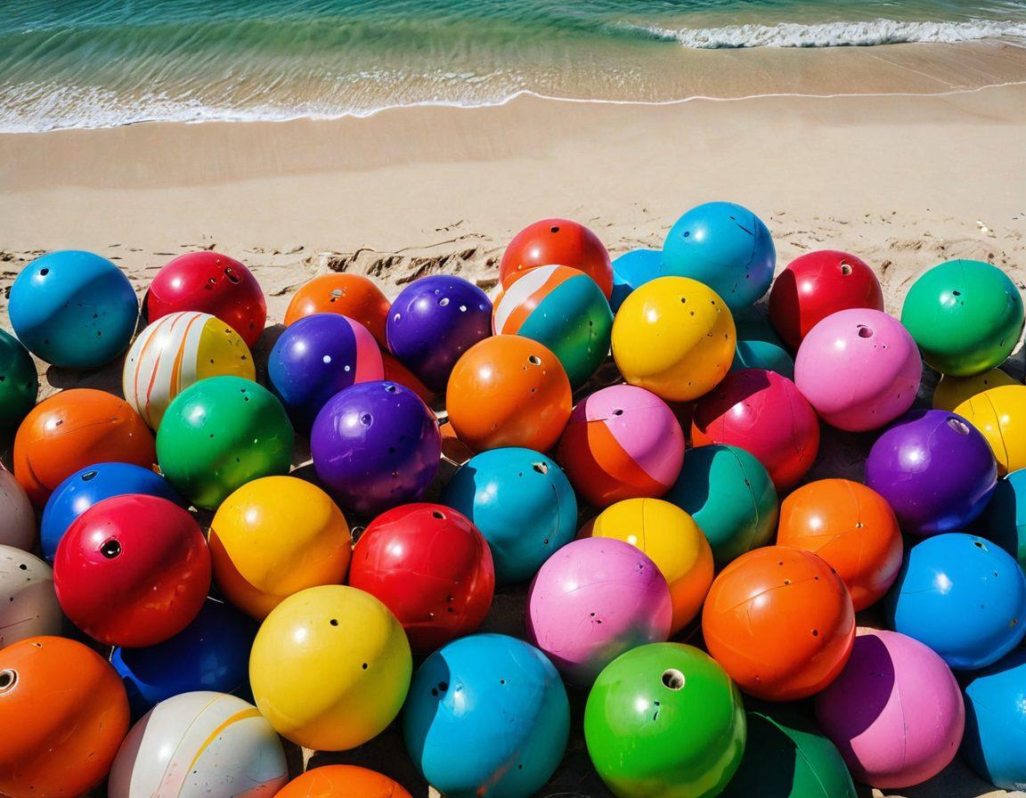 An artistic scene showcasing a whimsical blend of bowling gear, like colorful bowling balls and shoes, beautifully merging with vibrant swimwear draped over a sandy beach. The background features waves gently crashing and palm trees swaying under a sunny sky. Incorporate playful elements like beach umbrellas resembling bowling pins and flip-flops with bowling motifs. lively and creative. vibrant colors. bright beach setting.