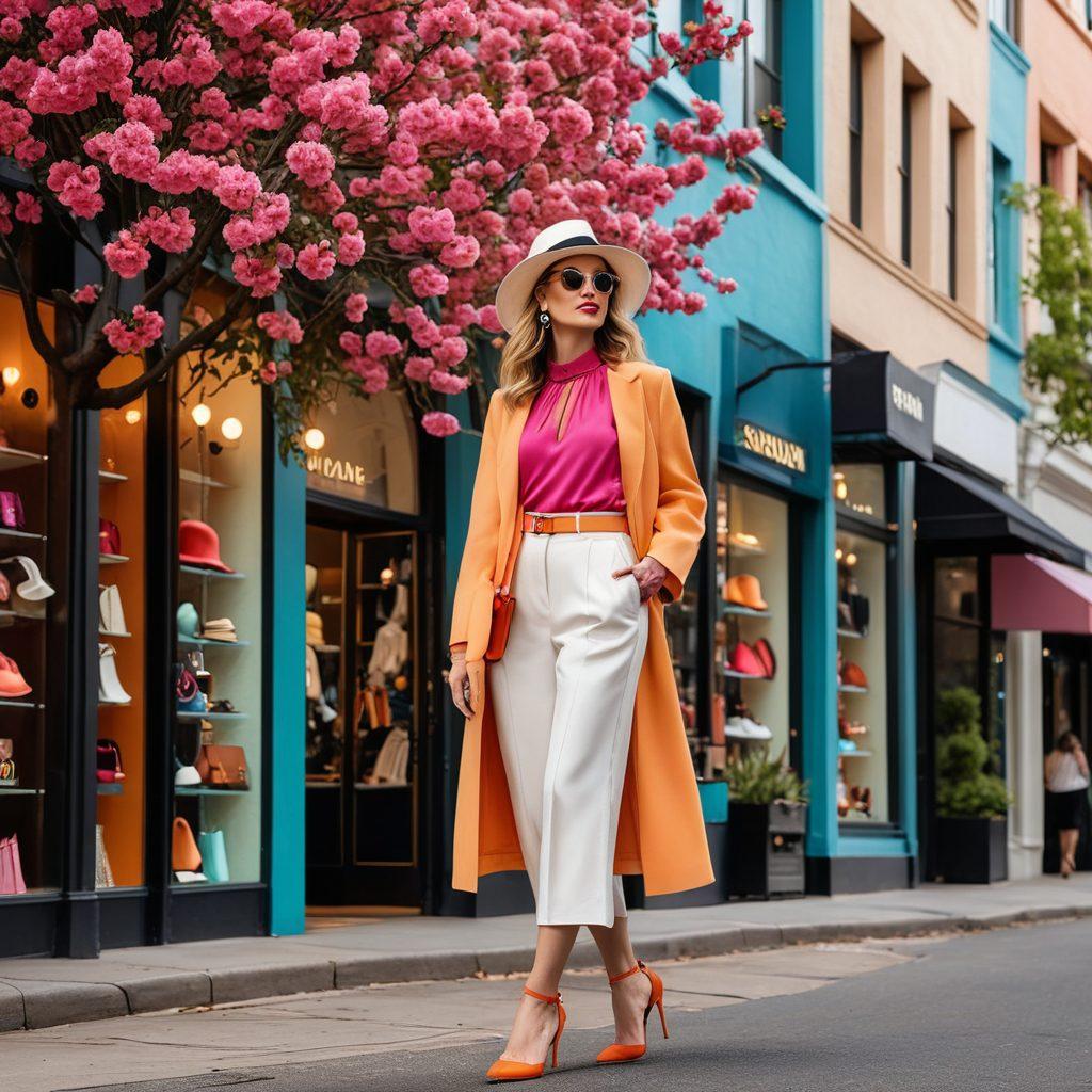 A fashionable lady bowler dressed in a chic, modern outfit standing confidently in an urban setting, surrounded by an array of stylish accessories like bold hats, statement earrings, and designer handbags. The background features a vibrant cityscape with blooming trees and stylish storefronts, emphasizing a trendy lifestyle. Use a color palette of soft pastels with vivid pops of color. super-realistic. vibrant colors. urban chic.